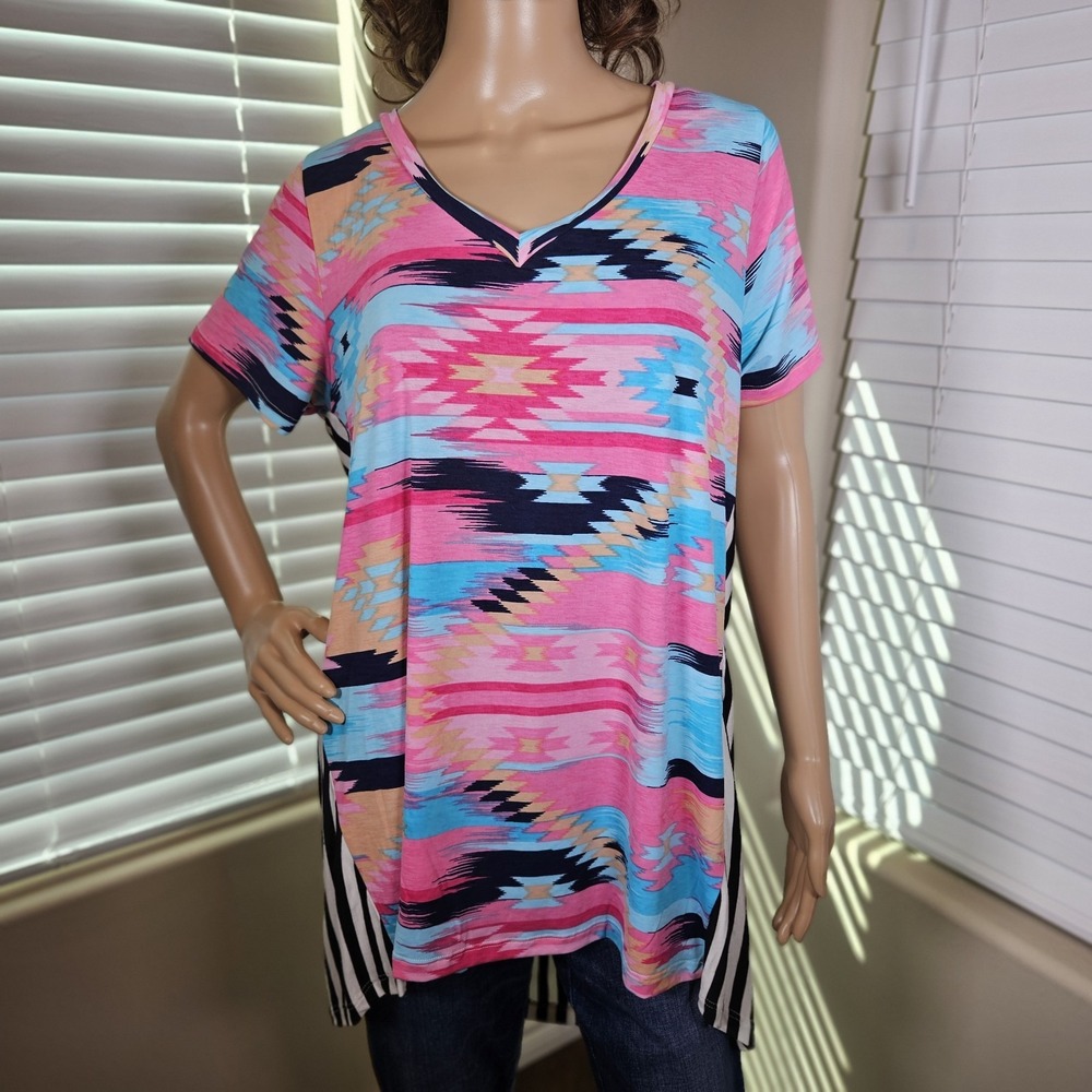 Glitzy Girlz Womens XL Southwestern Tribal Striped Mixed‎ Print V-Neck Tunic Top